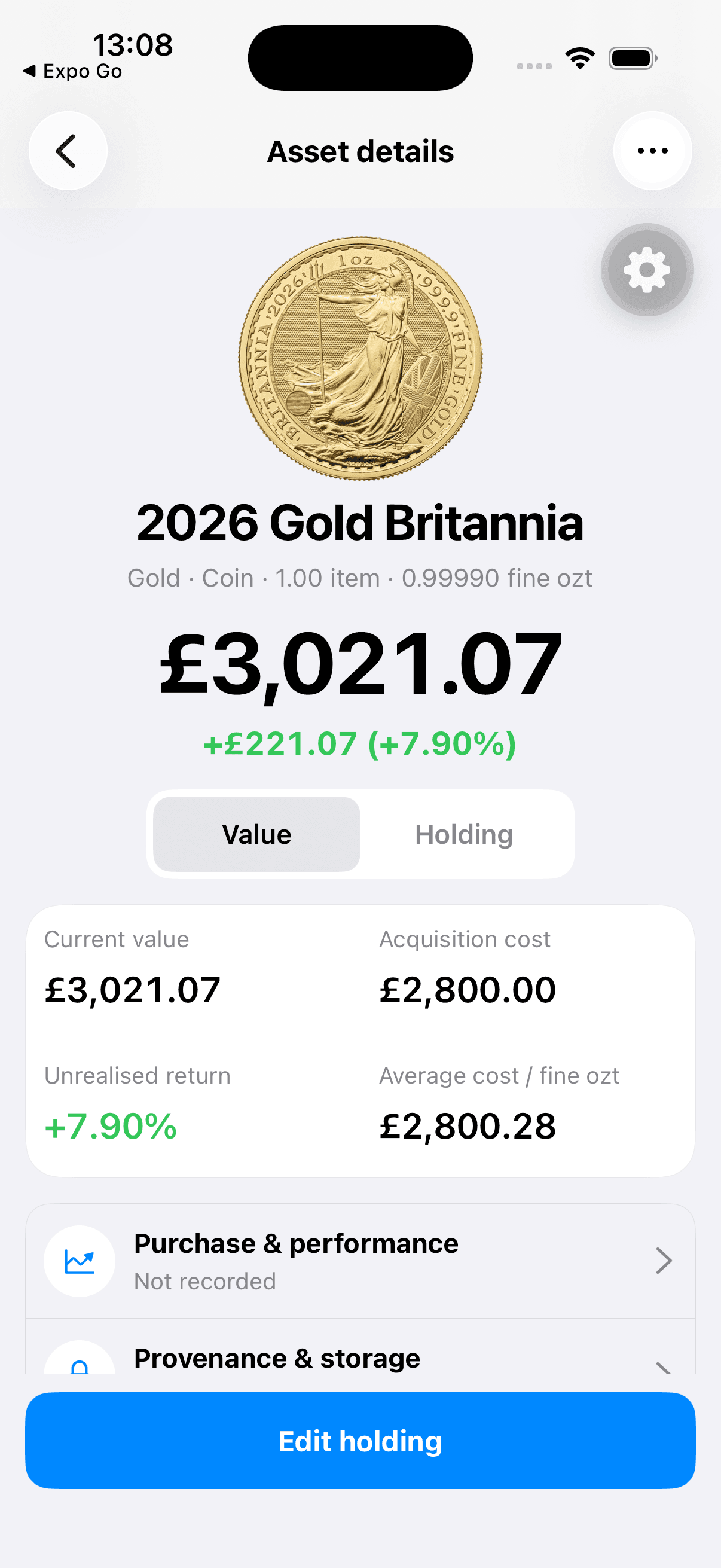 Holding value and performance details